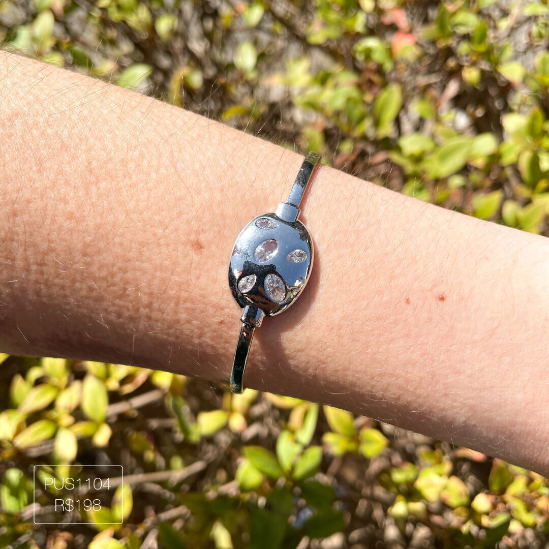 Bracelete Oval Zirconias Geometricas Esplendor Prateado